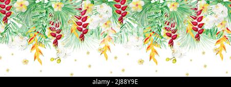 Illustrazione acquerello di foglie tropicali e fiori esotici. Sfondo tropicale disegnato a mano. Bordo senza cuciture per carte e matrimoni. Sfondo Foto Stock
