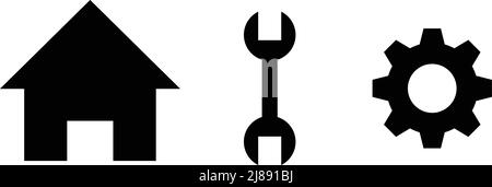 Set di icone per la silhouette di casa, chiave e ingranaggio. Vettore modificabile. Illustrazione Vettoriale
