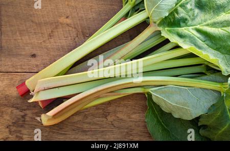 Foglie fresche di rabarbaro giovane su un vecchio tavolo di legno. Vista dall'alto. Cibo vegetariano. La pianta medicinale è utile per il sistema cardiovascolare. Foto Stock