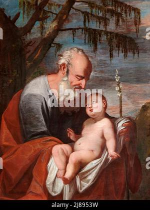 San Giuseppe col Bambino - olio su tela - pittore veronese del XVIII secolo - San Bonifacio (VR),Italia, abbazia di San Pietro Foto Stock