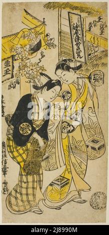 Gli attori Segawa Kikunojo i come Osome e Sodesaki Kikutaro come Hisamatsu nella rappresentazione "Osome Hisamatsu Shinju" si sono esibiti al Teatro Nakamura nel sesto mese, 1731, 1731. Foto Stock