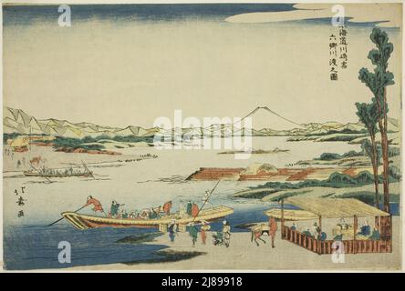 Vista del fiume Rokugo che attraversa la stazione di Kawasaki (Kawasaki-juku Rokugo kawa watashi no zu), dalla serie "Tokaido Road (Tokaido)", c.. 1789/1818. Foto Stock