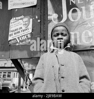 New York, New York. Un newsboy Harlem. Foto Stock