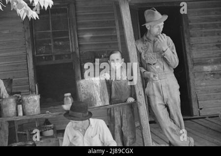 Bud Fields, Tengle boy e Floyd Burroughs sul portico di Frank Tengle, Hale County, Alabama. Foto Stock