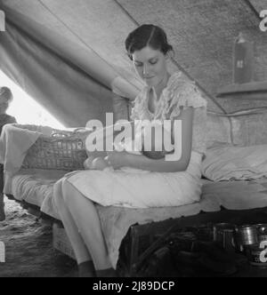 Giovane madre migrante con bambino di sei settimane nato in un ospedale con l'aiuto di Farm Security Administration (FSA) medico e associazione per i lavoratori migratori. Vive in un campo di lavoro per appaltatori vicino a Westley, California. "Cerco di tenerlo regolare come se lo usciti dall'ospedale.". Foto Stock