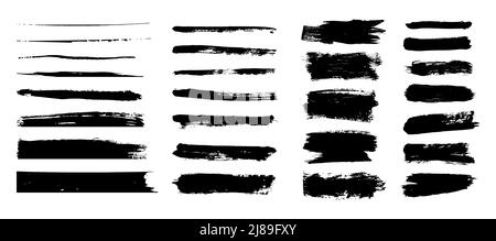 Pennellate. Set di pennelli vettoriali. Elementi di design grunge. Caselle di testo rettangolari, tratto di pennello inchiostro. Striscioni di tessuto di distress sporchi. Spruzzi di inchiostro. Grana dipinta tessuto isolato su bianco Illustrazione Vettoriale
