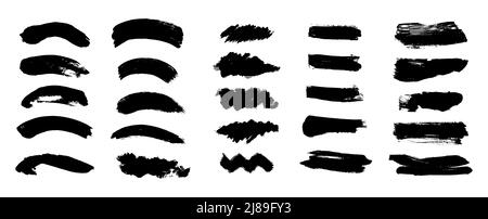 Pennellate. Set di pennelli vettoriali. Elementi di design grunge. Caselle di testo rettangolari, tratto di pennello inchiostro. Striscioni di tessuto di distress sporchi. Spruzzi di inchiostro. Grana dipinta tessuto isolato su bianco. Illustrazione Vettoriale