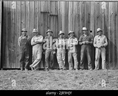 Qui ci sono gli agricoltori che hanno acquistato macchinari cooperativamente. Fotografato poco prima di andare a cena sulla fattoria Miller dove stanno lavorando. West Carlton, Yamhill County, Oregon. Foto Stock