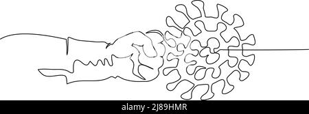 Il personale medico combatte il coronavirus con il simbolo del pugno. Disegno a una linea. Illustrazione vettoriale concetto di segno COVID-19 Illustrazione Vettoriale