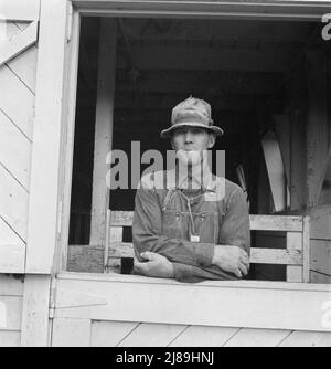 Il signor Granger, visto alla porta del suo nuovo fienile. Yamhill County, Willamette Valley, Oregon. Yamhill Farms FSA (Farm Security Administration). [Indossare i salopette Powr House]. Foto Stock