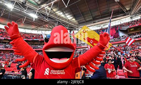 Londra, Regno Unito. 14th maggio 2022. La mascotte di Liverpool ed i tifosi di Liverpool durante la partita finale di fa Cup tra Chelsea e Liverpool al Wembley Stadium il 14th 2022 maggio a Londra, Inghilterra. (Foto di Garry Bowden/phcimages.com) Credit: PHC Images/Alamy Live News Foto Stock