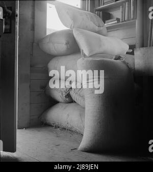 [Untitled, possibilmente relativo a: Interno della casa di ceppo di due stanze dell'agricoltore. FSA (Farm Security Administration) mutuatario. Hanno il loro seme di alfalfa immagazzinato nell'angolo in attesa di un prezzo migliore. Contea di Boundary, Idaho]. Foto Stock