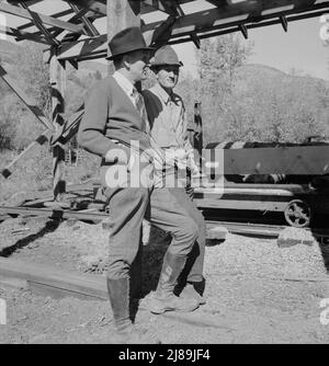 [Untitled, possibilmente collegato a: Uomini che lavorano nel mulino Ola self-help segheria co-op. GEM County, Idaho. Uomo nel centro posteriore in cappello nero è FSA (Farm Security Administration) supervisore della contea]. Foto Stock