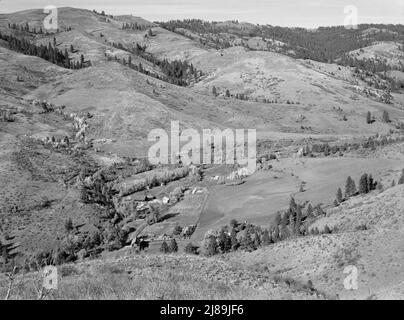 [Untitled, possibilmente collegato a: Guardando giù sul mulino cooperativo di Ola auto-aiuto che mostra l'estremità superiore della valle di Squaw Creek, il torrente fiancheggiato da alberi, il nuovo capannone asciutto vicino al mulino, le case dei membri co-op e campi coltivati circostanti. GEM County, Idaho]. Foto Stock