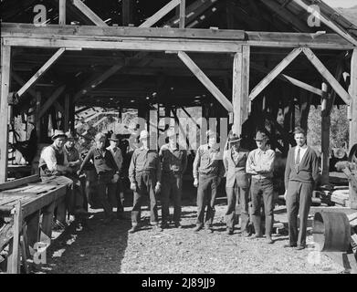 Uomini che lavorano nel mulino Ola self-help segheria co-op. GEM County, Idaho. Uomo nel centro posteriore in cappello nero è FSA (Farm Security Administration) supervisore della contea. Foto Stock