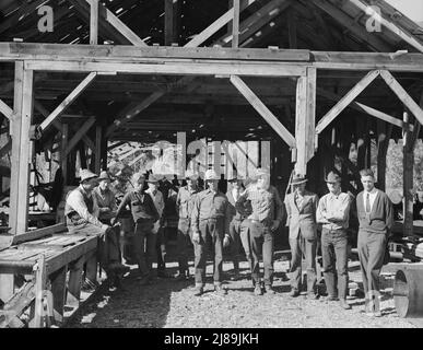 Uomini che lavorano nel mulino Ola self-help segheria co-op. GEM County, Idaho. Uomo nel centro posteriore in cappello nero è FSA (Farm Security Administration) supervisore della contea. Foto Stock