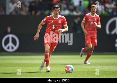 Wolfsburg, Germania. 14th maggio 2022. Calcio: Bundesliga, VfL Wolfsburg - Bayern Monaco, Matchday 34, Volkswagen Arena. Robert Lewandowski di Monaco gioca la palla. Sulla destra si trova Josip Stanisic di Monaco. Credit: Swen Pförtner/dpa - NOTA IMPORTANTE: In conformità con i requisiti della DFL Deutsche Fußball Liga e della DFB Deutscher Fußball-Bund, è vietato utilizzare o utilizzare fotografie scattate nello stadio e/o della partita sotto forma di immagini di sequenza e/o serie di foto video-simili./dpa/Alamy Live News Foto Stock