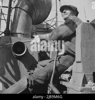 [Foto senza titolo, probabilmente legata a: New York, New York. Un ostro che scarica il pesce al mercato del pesce Fulton]. Foto Stock