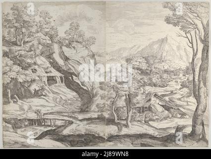 Paesaggio con una città sullo sfondo a destra, una strada tortuosa in primo piano, 1580-1600. Foto Stock