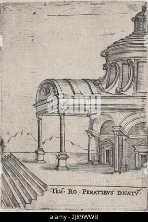 TEM. RO. Penatibus Dicatu, da una serie di 24 raffiguranti (ricostruiti) edifici dell'antichità romana, piatto ca. 1530-50. Foto Stock