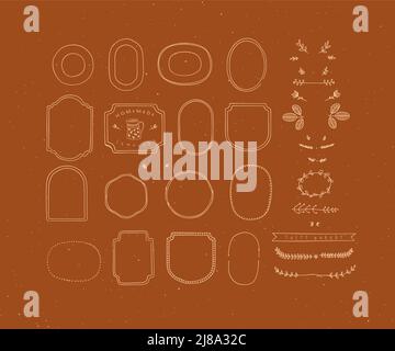 Set di cornici ed elementi decorativi in stile casual primitivo grafico realizzato a mano su sfondo senape. Illustrazione Vettoriale