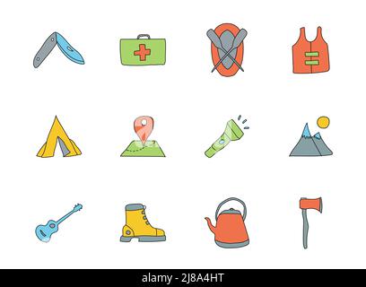camping icone vettoriali lineari disegnate a mano Illustrazione Vettoriale