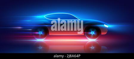 Auto sportiva in rapido movimento con luci al neon azzurre e rosse che funzionano ad alta velocità, illustrazione vettoriale. Illustrazione Vettoriale