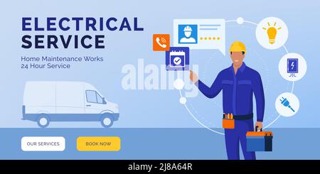 Elettricista professionista che presenta i suoi servizi e ricevere le chiamate, concetto di servizio elettrico in linea Illustrazione Vettoriale
