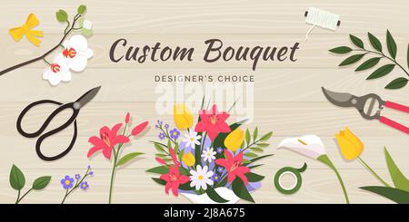 Disposizione personalizzata del bouquet e strumenti fioristi su un tavolo di legno, banner promozionale con spazio copia Illustrazione Vettoriale