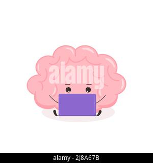 Carino cervello kawaii. Divertente personaggio del cervello umano funziona con il computer. Stile cartoon flat. Illustrazione vettoriale Illustrazione Vettoriale