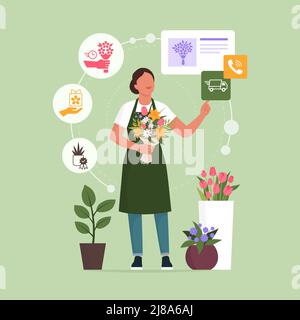 Fiorista professionista che prende gli ordini in linea, sta tenendo un bouquet bello del fiore ed interagendo con un'interfaccia utente Illustrazione Vettoriale