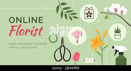 Banner promozionale del servizio fiorista online: Bellissimi fiori e strumenti tagliati Illustrazione Vettoriale