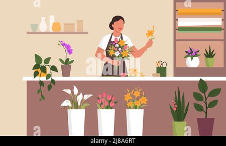 Fiorista professionista che lavora nel suo negozio di fiori sta preparando un bel bouquet regalo Illustrazione Vettoriale