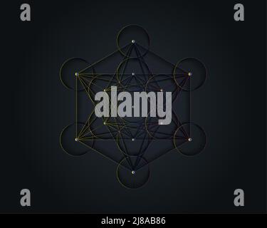 Metatron Cube, fiore della vita. Geometria sacra. Icona mistica platonica solidi Merkabah, disegno astratto geometrico colorato gradiente, crop cerchi segno. Illustrazione Vettoriale
