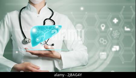 Telemedicina e il concetto di recupero della vescica di Gall umana. Tavolozza di colori turchesi, spazio di copia per il testo. Foto Stock