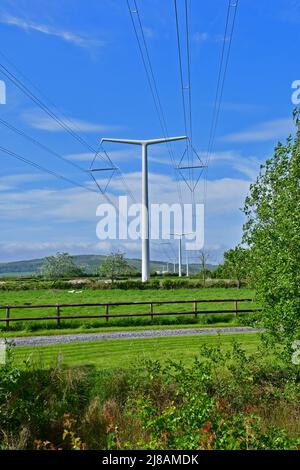 Bridgewater, Regno Unito. 13th maggio 2022. In un pomeriggio di sole ventoso e caldo, i primi piloni di energia elettrica New Shape T recentemente istallati sono visti attraverso il paesaggio verde di Rooksbridge nel Somerset Nord, che viene messo a fornire energia dalla rete Nazionale. Picture Credit: Robert Timoney/Alamy Live News Foto Stock