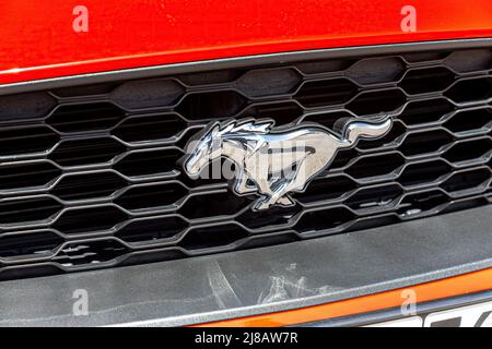 Samara, Russia - 8 maggio 2022: Parte anteriore del veicolo Ford Mustang con griglia e logo. Il marchio Ford è un produttore di automobili negli Stati Uniti Foto Stock