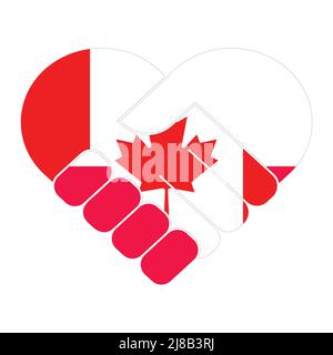 Simbolo della stretta di mano nei colori delle bandiere nazionali del Canada e della Polonia, formando un cuore. Il concetto di pace, amicizia. Illustrazione Vettoriale