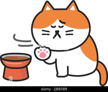 Il gatto del cartone animato non ha appetito e una ciotola per gatti. Illustrazione vettoriale isolata su sfondo bianco. Illustrazione Vettoriale