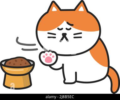 Il gatto del cartone animato non ha appetito con una ciotola elevata. Illustrazione vettoriale isolata su sfondo bianco. Illustrazione Vettoriale
