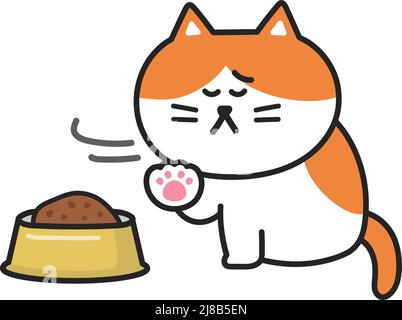 Il gatto dei cartoni animati non ha appetito con una ciotola per animali domestici. Illustrazione vettoriale isolata su sfondo bianco. Illustrazione Vettoriale