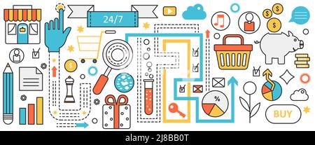 Commercio in linea ed e-commerce. Paniere astratto clienti, Piggy banca a pagare per acquisti e regali, ordini dal negozio al dettaglio e consumismo in banner di concetto infografico, design d'arte sottile linea Illustrazione Vettoriale
