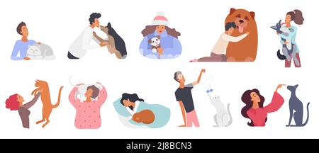Set di persone felici con i loro animali domestici. Abbracciando cani e giocando gatti, velocendo il tempo divertente con i cuccioli cartoon illustrazione vettoriale Illustrazione Vettoriale