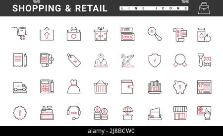 Commercio al dettaglio, negozio online e consegna icone sottili di linea rossa e nera set di illustrazione vettoriale. Registratore di cassa astratto, borse e pacchetti regalo, sconto su abbigliamento moda, ricerca webshop e vendite Illustrazione Vettoriale