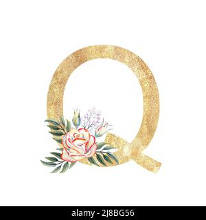 Lettera d'oro Q dell'alfabeto inglese con un bouquet di rose rosa su sfondo bianco isolato. Illustrazione dell'acquerello disegnata a mano. Foto Stock