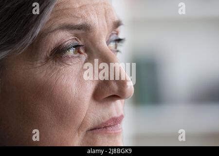 Pensieroso senior grigio capelli donna faccia con rughe Foto Stock