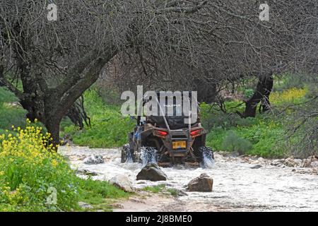 ATV attraversando un torrente in inverno, Galilea, Israele Foto Stock