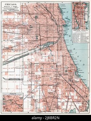 Mappa di Chicago, Stati Uniti. Pubblicazione del libro 'Meyers Konversations-Lexikon', Volume 2, Lipsia, Germania, 1910 Foto Stock