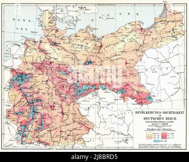 Densità di popolazione nell'impero tedesco (Deutsches Kaiserreich). Pubblicazione del libro 'Meyers Konversations-Lexikon', Volume 2, Lipsia, Germania, 1910 Foto Stock