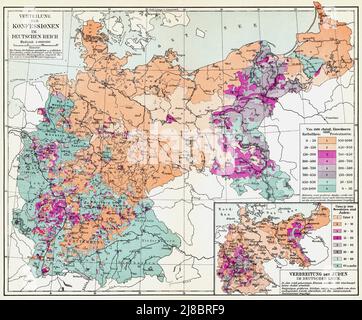 Mappa della distribuzione delle confessioni religiose dell'impero tedesco (Deutsches Kaiserreich). Pubblicazione del libro 'Meyers Konversations-Lexikon', Volume 2, Lipsia, Germania, 1910 Foto Stock